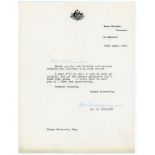 Robert Gordon Menzies. Prime Minister of Australia 1939-1941 and 1949-1966. Single page typed letter