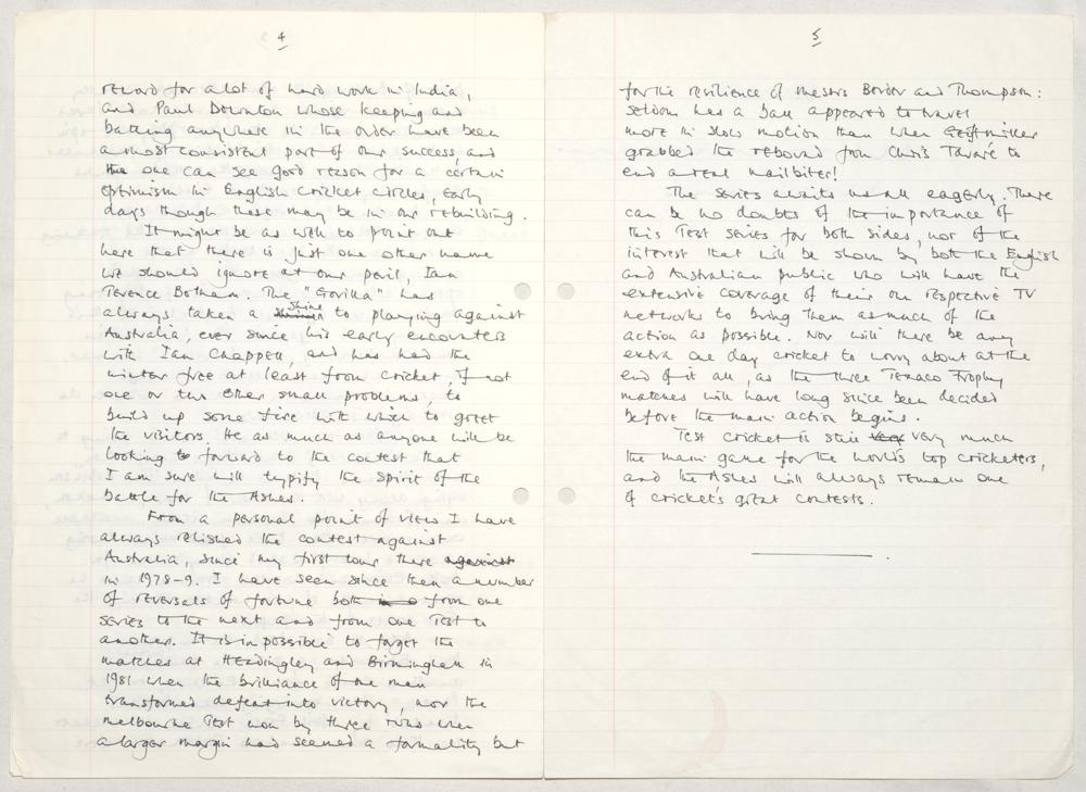 David Gower. ‘D. Gower- Australian Tour 1985’. Five page handwritten manuscript written by Gower for - Image 3 of 3