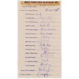 India tour to England 1982. Official autograph sheet with printed title and players’ names, fully