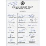 India tour to New Zealand 1990. Official autograph sheet with printed title and players’ names,