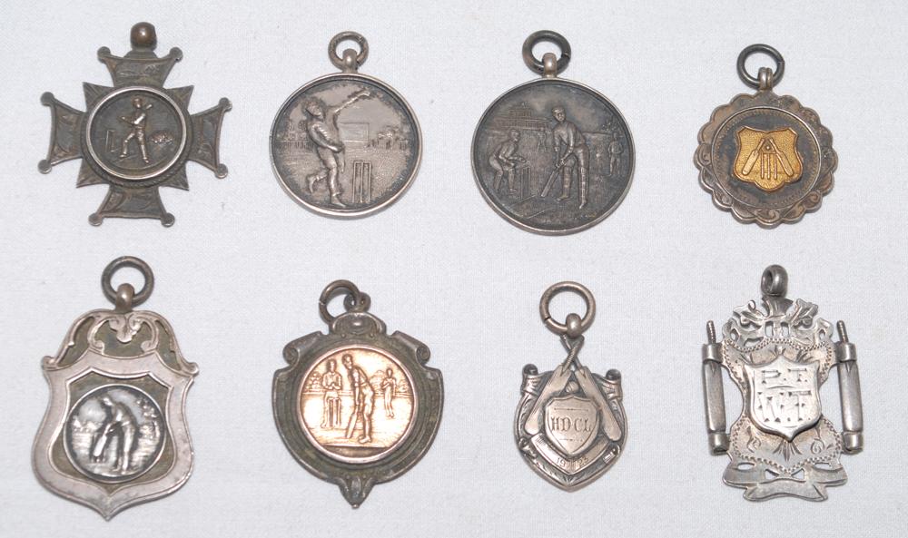Cricket club medals 1893-1949. Fifteen cricket club medals of which eight are hallmarked silver, the