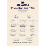 Sri Lanka tour to England, Prudential World Cup 1983. Official autograph sheet with printed title