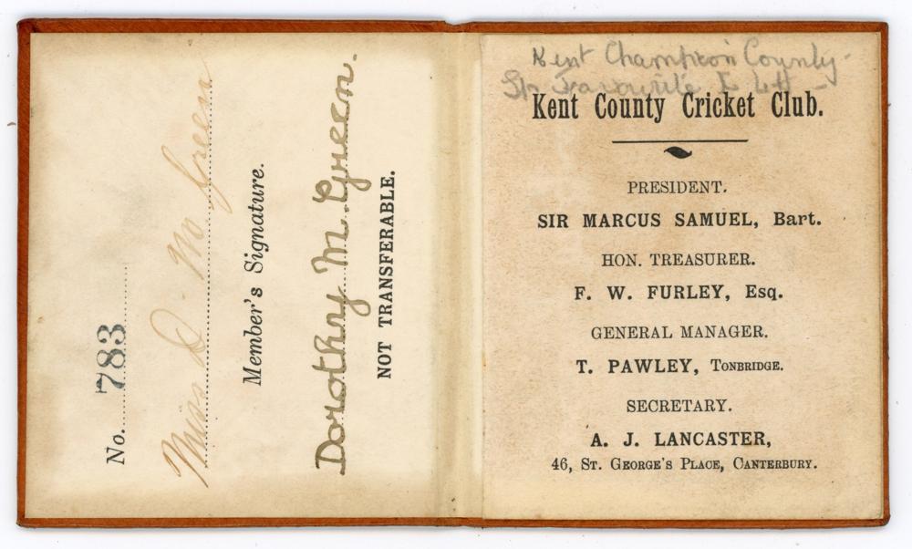 Kent C.C.C. 1910. Early original Kent membership and fixture card no. 783 for 1910. The small - Image 2 of 2