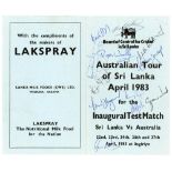 Australian tour to Sri Lanka 1983. Official folding itinerary card ‘for the Inaugural Test match,