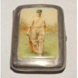 Silver cricket cigarette case. Cigarette case decorated with an oblong celluloid image of a batsman,