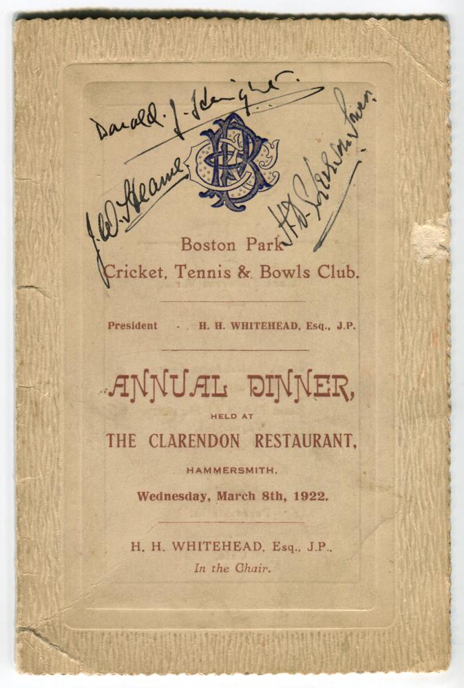 England cricketers. Official menu for the Annual Dinner held at the Clarendon Restaurant,