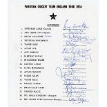 Pakistan tour to England 1974. Official autograph sheet with printed title and players’ names,