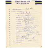 India tour to England 1974. Official autograph sheet with printed title and players’ names, signed