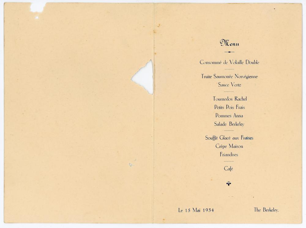 Australia tour to England 1934. Official menu for a dinner held at The Berkley Hotel, London, 15th - Image 2 of 3