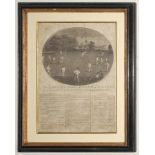 ‘The Laws of the Noble Game of Cricket’. Printed laws sheet with mono engraving of an early