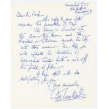 Cyril Washbrook. Lancashire & England 1933-1959. Undated single page handwritten letter from