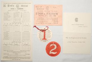 Eton v Harrow 1934. Official scorecard with incomplete printed scores, Mound Stand ticket and two
