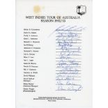 West Indies tour of Australia 1992/93. Official autograph sheet with printed title and players’