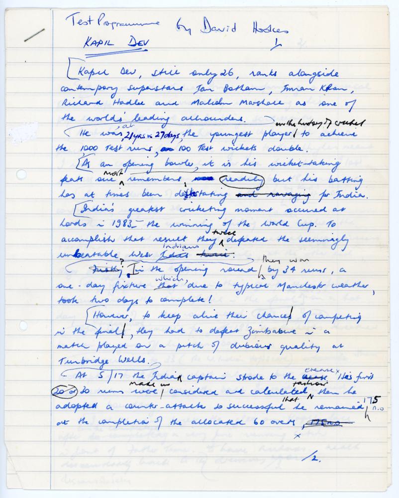 ‘Kapil Dev. Test Programme by David Hookes’. Five page original handwritten manuscript of an article