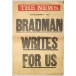 Don Bradman. ‘Bradman Writes For Us’. Original newspaper poster for The News (Adelaide), dated 7th