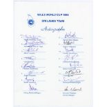Sri Lanka. World Cup 1996 and 1999. Two official autograph sheets of the Sri Lanka teams and