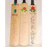 Lancashire C.C.C. 1982-2009. Three full size bats, each signed by Lancashire players. Gunn &