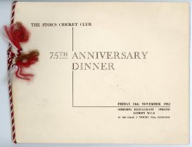 The Stoics Cricket Club. Official menu for the 75th Anniversary Dinner of this famous wandering club