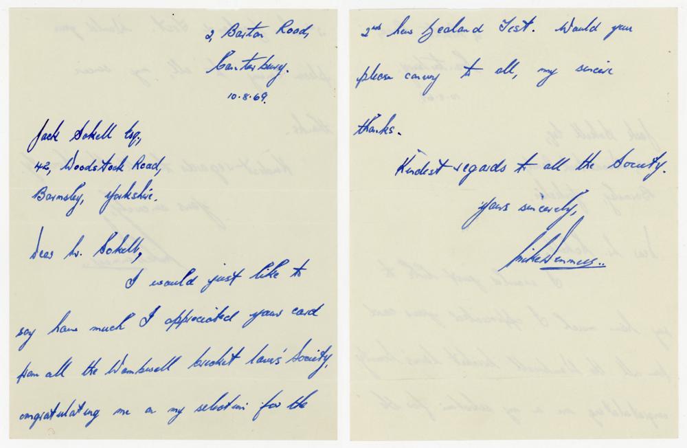 Kent. Mike Denness and Godfrey Evans. Two page handwritten letter dated 10th August 1969 from