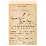 Willliam Gilbert Grace. Single page handwritten letter in ink from Grace to ‘My dear Sugden’. The