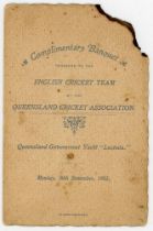 ‘First’ M.C.C. tour to Australia 1903/04. Early official folding menu for the ‘Complimentary Banquet