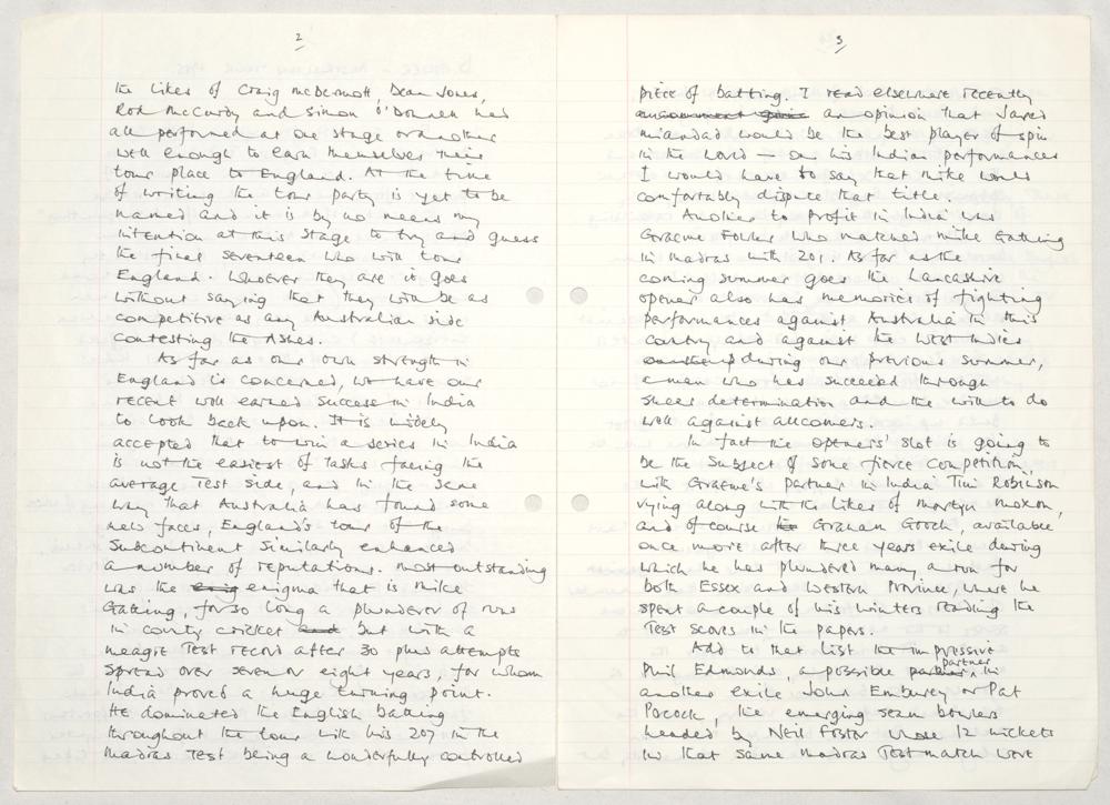 David Gower. ‘D. Gower- Australian Tour 1985’. Five page handwritten manuscript written by Gower for - Image 2 of 3