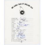 Sri Lanka tour to England 1979. Official autograph sheet with printed title and players’ names,