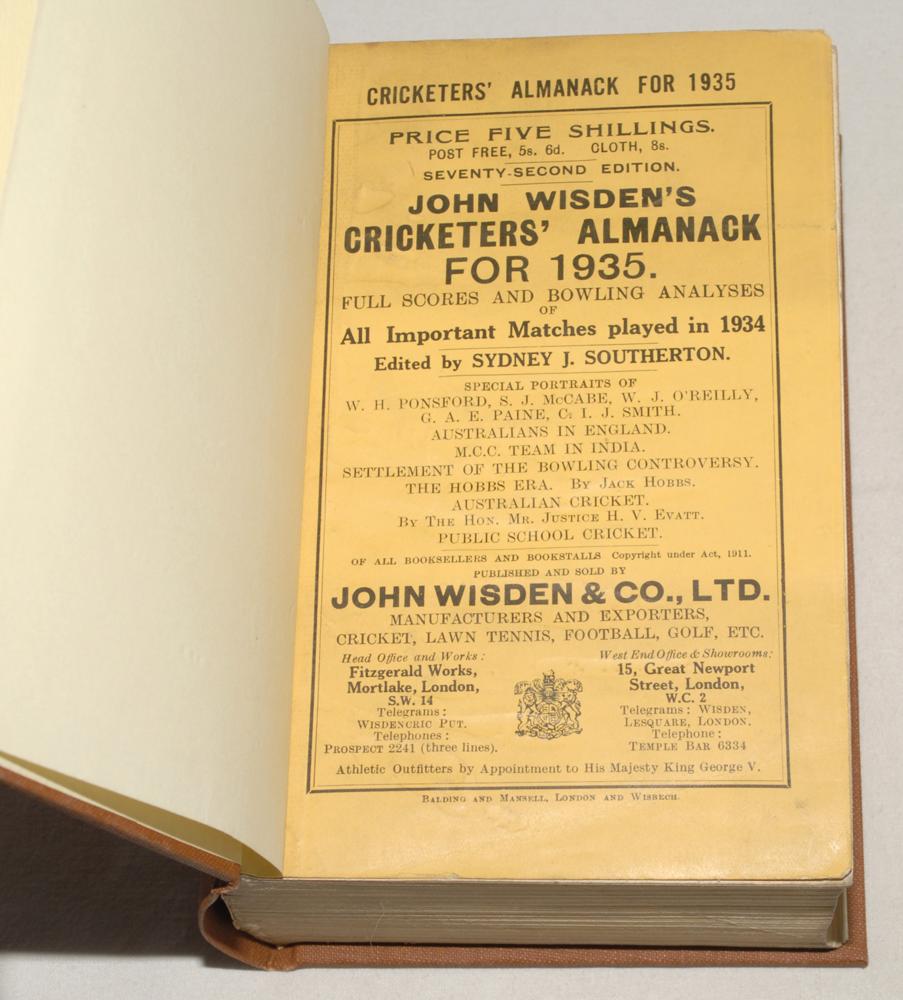 Wisden Cricketers’ Almanack 1935. 72nd edition. Original paper wrappers, bound in brown boards, with