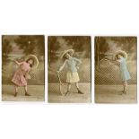 ‘Girl Tennis player’. Series of four colour postcards of a young girl wearing large straw hat and