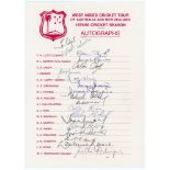 West Indies tour to Australia and New Zealand 1979/80. Official autograph sheet with printed title