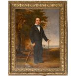 ‘Boy Cricketer’. Charming study in oil of a young cricketer, wearing suit, white shirt and bow tie