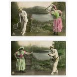 ‘Tennis by the lake’’. Pair of early Edwardian chromolithographic colour postcards of a man and a