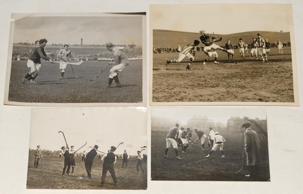 Shinty, hurling and lacrosse c.1920s. A selection of four original mono press photographs, each with