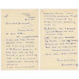 Herbert Sutcliffe. Yorkshire & England 1919-1945. Two page handwritten letter in ink dated 30th