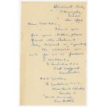 Leonard ‘Len’ Hutton. Yorkshire and England 1935-1955. One page handwritten letter from Hutton,