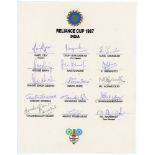 India Reliance Cup 1987. Official autograph sheet with printed title and players’ names, signed in