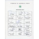 Pakistan tour to Australia 1981/82. Rarer official autograph sheet with printed title and players’