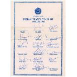 India tour to England 1986. Official autograph sheet with printed title and players’ names, signed
