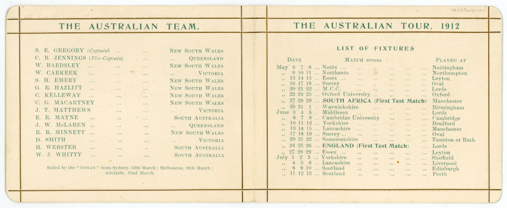 Australian tour of England 1912. Official folding itinerary card for the triangular tour with - Image 2 of 3