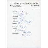 Pakistan team for the Prudential World Cup 1983 in England. Official autograph sheet with printed