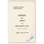 John Arlott. Official folding menu for a ‘Dinner and Tribute to John Arlott, O.B.E.’ given by the