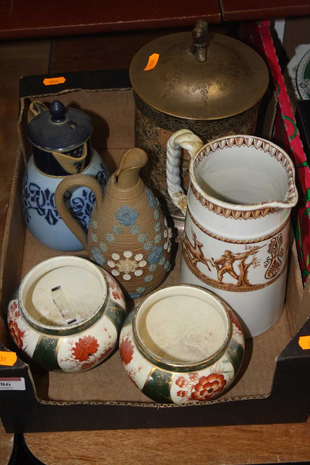 A box of various ceramics to include a Doulton silicon ware jug