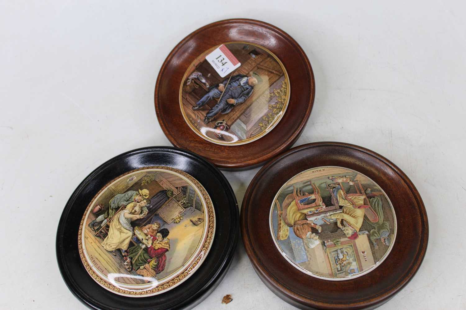 A collection of seven Victorian Prattware pot lids, to include The Wolf & The Lamb, On Guard, A - Image 2 of 4