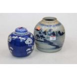 A Chinese export prunus decorated ginger jar and cover, together with one other Chinese ginger jar