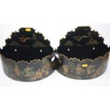 A pair of reproduction toleware wall hanging planters, gilt decorated with figures within a