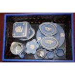 Assorted Wedgwood pale blue jasperware, to include cream jug, table lighter, trinket boxes etc
