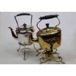 A 19th century brass spirit kettle on stand, h.30cm; together with one other similar (2)