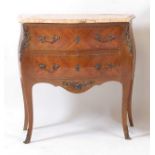 A French walnut and kingwood bombe commode in the Louis XV style, having a marble top and two
