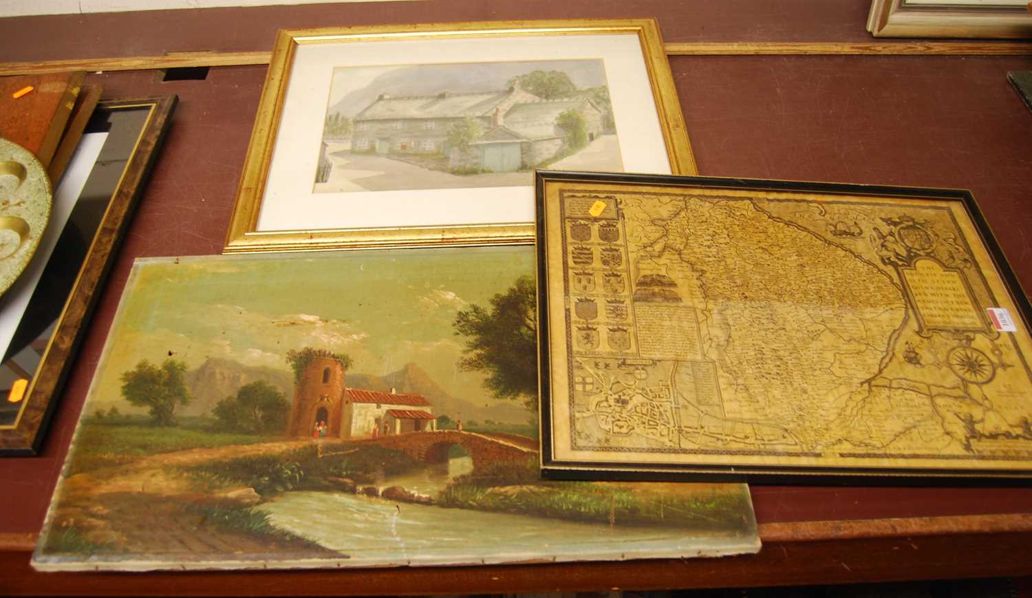Assorted pictures and prints to include reproduction county map, river landscape, oil on canvas (a/