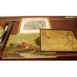 Assorted pictures and prints to include reproduction county map, river landscape, oil on canvas (a/